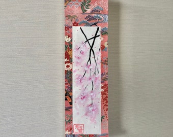 Kleine Kimono Seide ZEN Stil Sakura Kirschblüten hängende Rolle, japanische Kirschbaum Kalligraphie Kunst Malerei, Sakura Wand Dekor,