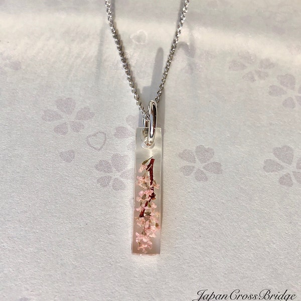 Japanese style crystal stick Sakura cherry blossoms necklace,  Elegant Rhodium silver/K16GP/Sterling Silver jewelry, Impressive exotic gift,