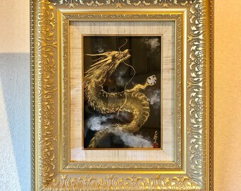 Good luck RYUJIN Ryu dragon god gold calligraphy ink Japanese Painting art, Framed hand painted original ZEN art, Golden guardian RYU art,