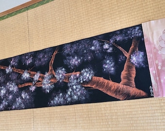 Extra large landscape YOZAKURA Sakura cherry blossoms painting silk wall decoration, Amazing Japanese painting silk art, Calligraphy ZEN art