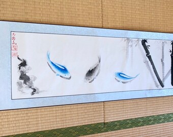 Unique extra-large landscape bamboo and blue koi fish hanging scroll, ZEN style koi and bamboo wall decor, Japanese style calligraphy art,