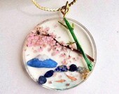 Unique 3D Japanese scenery necklace, Sakura cherry blossom bamboo Mt.Fuji Koi fish pendant, Impressive miniature world gift,