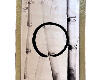 Extra-large wide ZEN circle Enso with Bamboo Japanese painting hanging scroll, Unique ZEN style hand painted Sumie Kakejiku,Big Japanese art