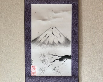 Japanese calligraphy art Mt.Fuji & Sakura hanging scroll, Japanese traditional cherry blossoms wall decoration, Exotic Japanese ZEN art,