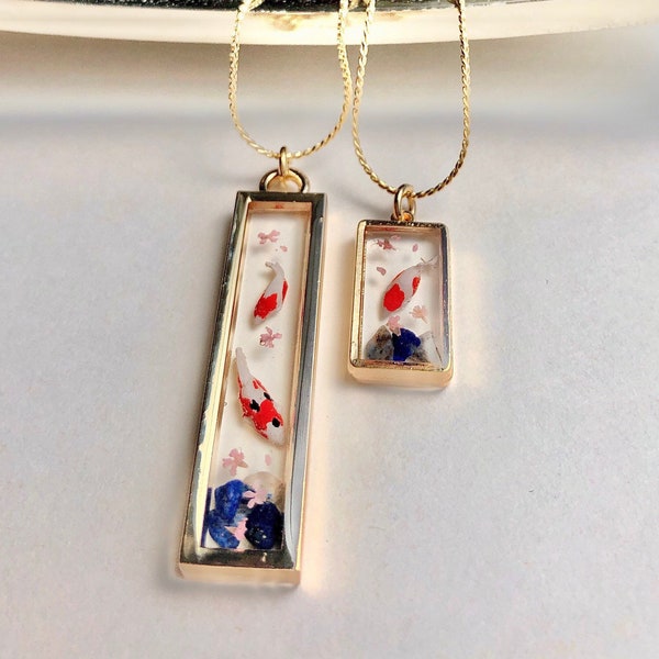 Elegant rectangle frame 3D Nishiki goi with Sakura cherry blossoms necklace/ Japanese Koi pond pendant/ Power stone jewelry/Present for her