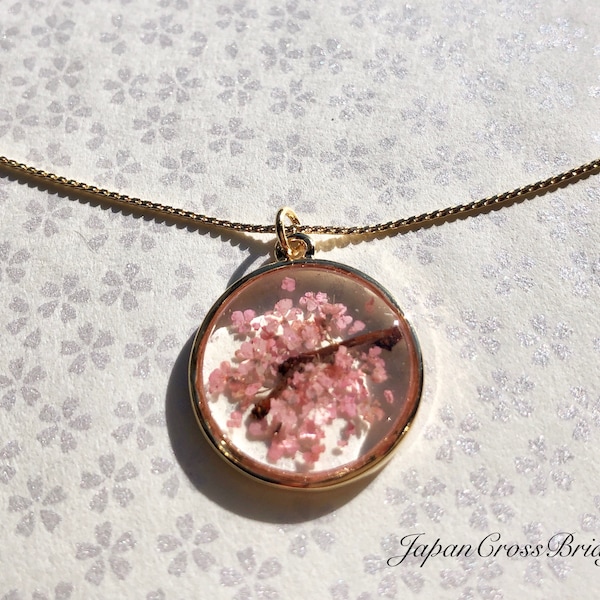 Gold/Silver color frame middle Sakura cherry blossoms necklace, Unique 3D miniature Sakura cherry blossoms pendant, Impressive gift for her,