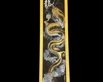 Japanese rising dragon 龍神 with 龍 RYU calligraphy word yellow hanging scroll