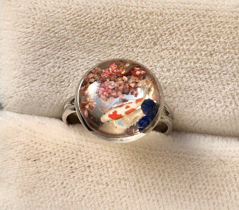 Impressive gift for her Amazing miniature Koi fish with 3D Sakura cherry blossoms ring Lucky power stone ring Unique Japanese style ring