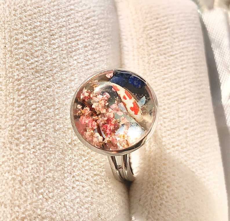 Impressive gift for her Amazing miniature Koi fish with 3D Sakura cherry blossoms ring Lucky power stone ring Unique Japanese style ring