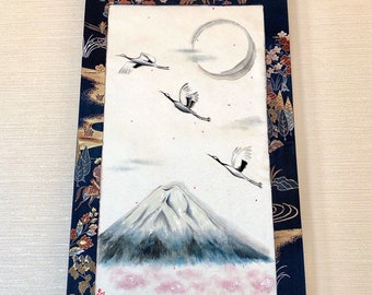 Precious Kimono silk obi belt Japanese painting Mt.Fuji & crane birds in full moon Sakura night hanging scroll, Unique Kakejiku wall decor,