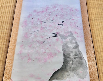 YOZAKURA cherry blossoms in full moon night wide large hanging scroll, ZEN style Japanese Sakura painting calligraphy art, Unique wall decor