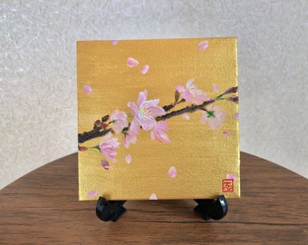 Japanese miniature ZEN art Sakura cherry blossoms, Unframed calligraphy art, Hand painted original painting art