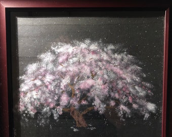 Japanese art original Painting YOZAKURA cherry blossoms, Framed calligraphy art, Hand painted original wall art,