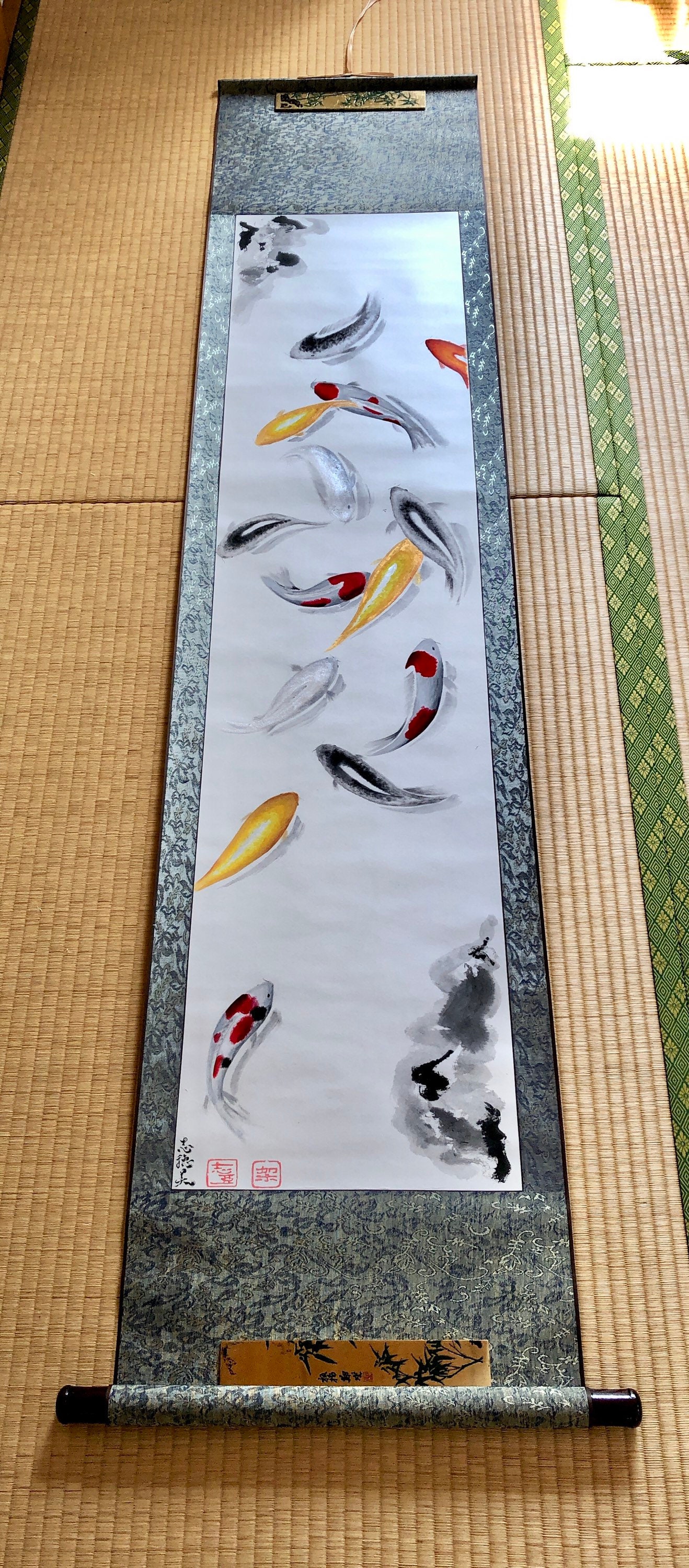 Gran estanque Koi Koi peces pintura japonesa Kakejiku colgante | Etsy