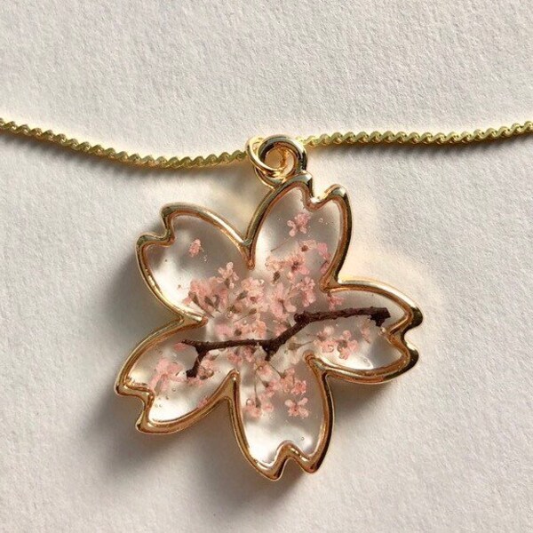 Sakura shaped cherry blossoms necklace, Impressive crystal cherry flowers pendant, Gift present jewelry for her, Unique gold silver necklace