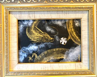 Good luck RYUJIN Ryu dragon god gold calligraphy ink Japanese Painting art, Framed hand painted original ZEN art, Golden guardian RYU art,