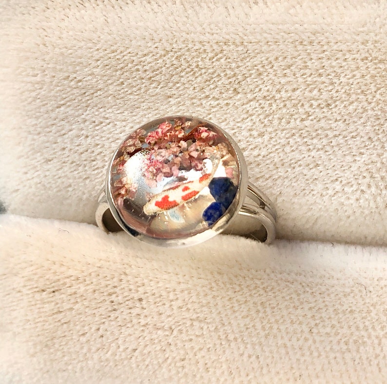 Impressive gift for her Amazing miniature Koi fish with 3D Sakura cherry blossoms ring Lucky power stone ring Unique Japanese style ring