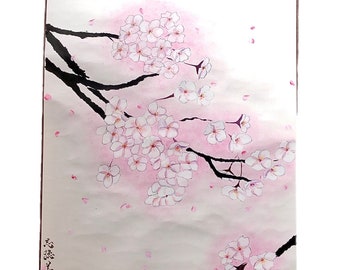 Japanese Sakura cherry blossoms SUIBOKUGA hanging scroll, ZEN style calligraphy art Japanese painting, Sakura wall decor,