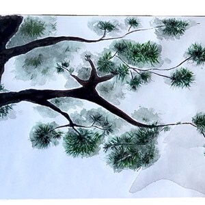 May include: Watercolor painting of a tree with a dark brown trunk and branches extending across the frame. Green foliage is clustered at the ends of the branches. The background is a soft, light gray.