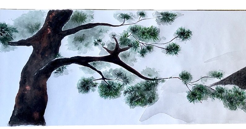 May include: Watercolor painting of a tree with a dark brown trunk and branches extending across the frame. Green foliage is clustered at the ends of the branches. The background is a soft, light gray.