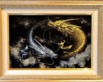 Good luck silk art,RYUJIN Ryu dragon god Gold and Silver Japanese Painting art, Framed hand painted original ZEN art, Twins guardian RYU art