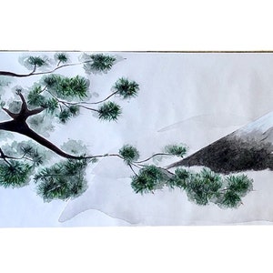 May include: Watercolor painting of a Japanese landscape featuring a snow-capped mountain and a pine tree. The tree is on the left with dark brown bark and green needles. The mountain is on the right with a gray base and white top.