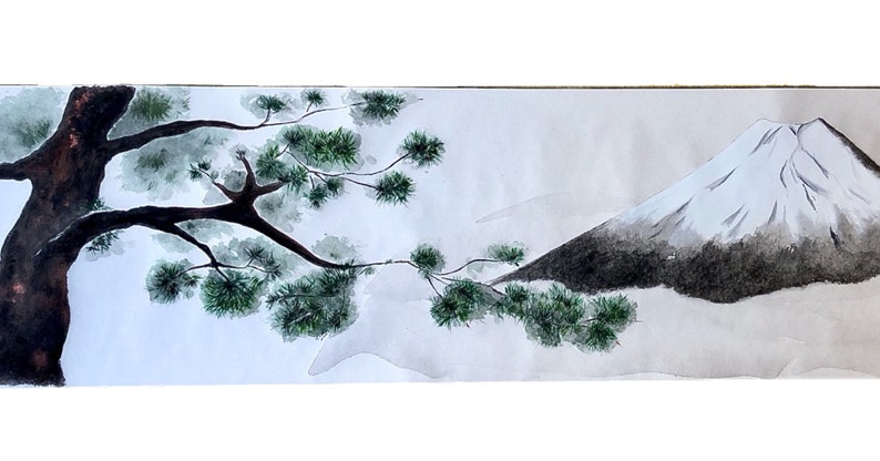 May include: Watercolor painting of a Japanese landscape featuring a snow-capped mountain and a pine tree. The tree is on the left with dark brown bark and green needles. The mountain is on the right with a gray base and white top.