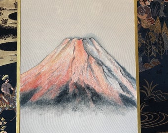 Gorgeous Kimono silk obi belt Japanese ZEN painting Morning red Mt.Fuji hanging scroll, Unique Good luck Kakejiku painting art