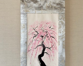 Gorgeous Kimono obi belt silk Japanese painting Sakura cherry blossoms middle size hanging scroll, Unique ZEN style Kakejiku wall decor,