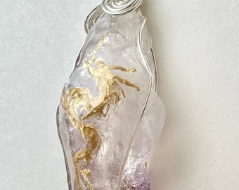 Amethyst gold RYU dragon guardian deity raw gem stone necklace, Unique good luck purple Power stone RYU guardian necklace