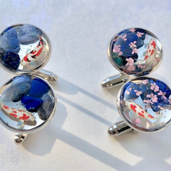 Unique Japanese style Koi fish and Sakura cherry blossoms cuff links, Cool exotic powerstone cuff links,Impressive anniversary gift for men