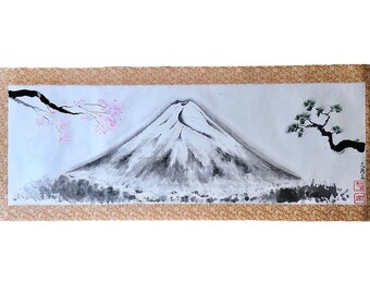 Landscape Mt. Fujiyama with Sakura & pine tree ZEN painting art/ Powerful Mt. Fuji Japanese Suibokuga hanging scroll/ Unique Kakejiku art