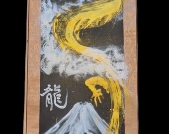 Japanese rising dragon 龍神, Mt.Fuji with 龍 RYU calligraphy word hanging scroll