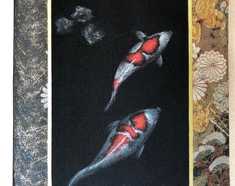 Gorgeous Kimono silk obi belt Japanese painting Nishikigoi Koi fish hanging scroll, Unique Good luck painting art, Kakejiku wall decor,