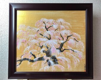 Japanese art original Painting Sakura cherry blossoms, Framed calligraphy art, Hand painted original wall art,