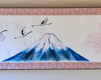 Unique landscape crane birds, Mt.Fuji & Sakura calligraphy art/ Japanese painting Kakejiku hanging scroll/ Good luck big wall decor/