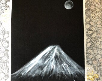 Gorgeous Kimono silk obi belt Japanese ZEN painting Mt.Fuji and Full moon hanging scroll, Unique Good luck Kakejiku painting art