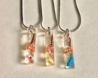 Unique Japanese dainty crystal stick Sakura cherry blossoms with Koi fish necklace, Exotic miniature 3D Silver jewelry, good luck gift,