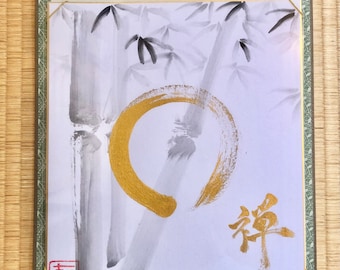 Japanese ZEN art Bamboo with gold ZEN circle Enso & 禅, Unique Japanese ZEN style calligraphy art wall decoration, Sumie art Kakejiku