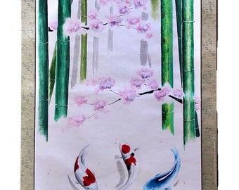 Mysterious Koi,Bamboo,Sakura cherry blossoms extra wide large hanging scroll/ ZEN style Japanese painting wall decor/ Unique calligraphy art