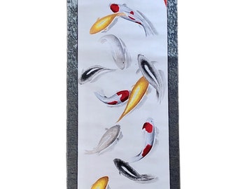Large Koi pond Koi fish Japanese painting Kakejiku hanging scroll, Unique Koi fish calligraphy art wall decor, ZEN style big wall art,