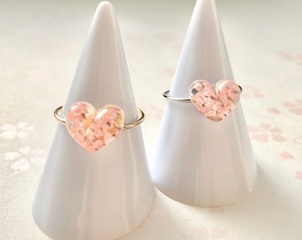 Amazing heart shaped Sakura cherry blossoms ring, Miniature 3D Sakura resin ring, Impressive gift for her, Heart matching jewelry