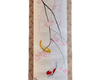 Extra large hanging scroll of SAKURA and Koi fish art/ Japanese ZEN style hand painted art/ Gold Koi & cherry blossoms Kakejiku wall decor