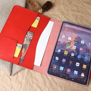 Étui pour distributeur de stylos folio rouge pour femmes Fire HD 8 Plus 2022 Fire HD 10 2023 Fire 7 Étui Amazon Fire Max 11 2023 en cuir véritable 6YDKAF