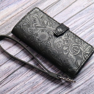 Wristlet Book Style iPhone 15 Plus 15 Pro Max 15 14 Pro/14 Pro Max/14 Plus 12 pro max 13 pro max Embossed Leather Wallet Case Custom Tooled image 1