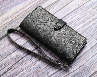 Wristlet Book Style iPhone 17 Pro Max, 17 Pro, 17, 17e, Air Embossed Leather Wallet Case 6ASIF02