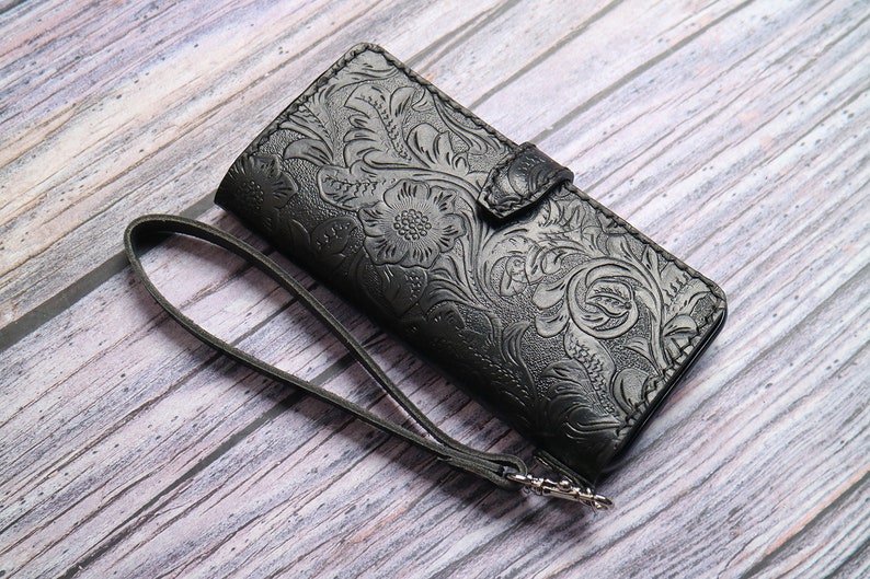 Wristlet Book Style iPhone 15 Plus 15 Pro Max 15 14 Pro/14 Pro Max/14 Plus 12 pro max 13 pro max Embossed Leather Wallet Case Custom Tooled image 1