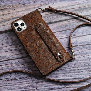 Correa para el hombro de piel repujada para iPhone 16e/15 Pro Max/15 Plus/14 Pro Max/14 Plus 13/13 Pro Max/13 mini/12 Pro Max/funda tipo billetera Personalización