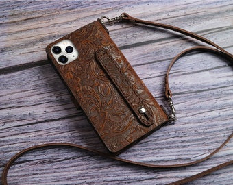 Shoulder Strap Tooled Leather iPhone 15 Pro Max/15 Plus/14 Pro Max/14 Plus 13 / 13 Pro Max/13 mini/12/12 Pro Max/wallet case Personalization
