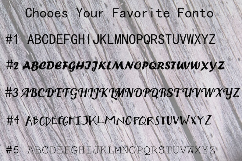 May include: Image showcasing five different font styles, each displaying the alphabet from A to Z. The text "Chooses Your Favorite Fonto" is at the top. The fonts are numbered from one to five, with each font style unique.